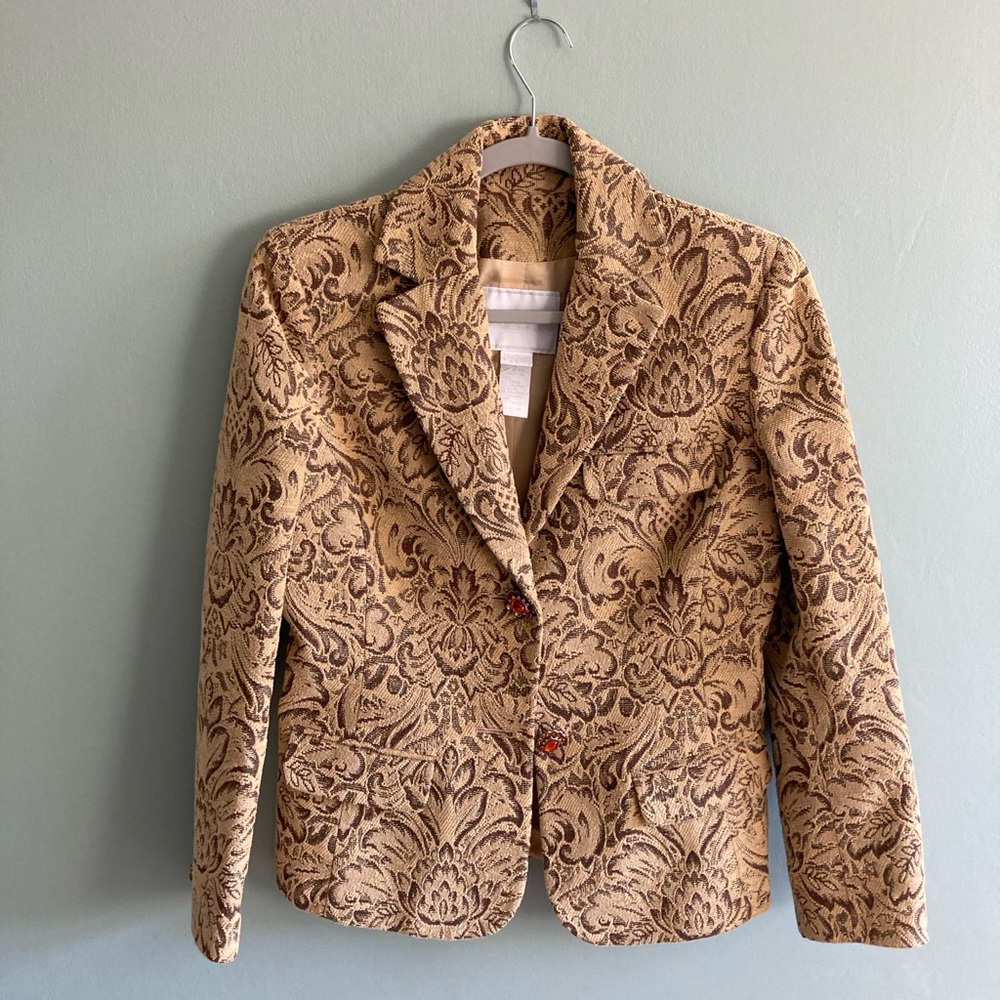 Women's Vintage Votre Nom Tan, Brown and Gold Pattern Blazer with Lapel Size 4